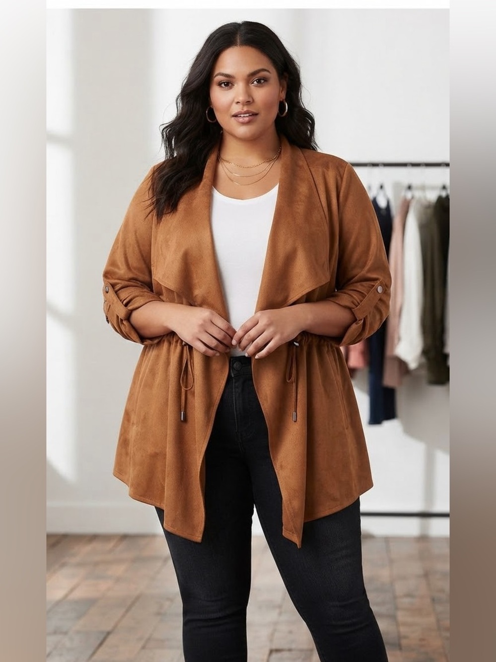 torrid EUC Cognac faux Suede Drape-Front Jacket with Drawstring Waist